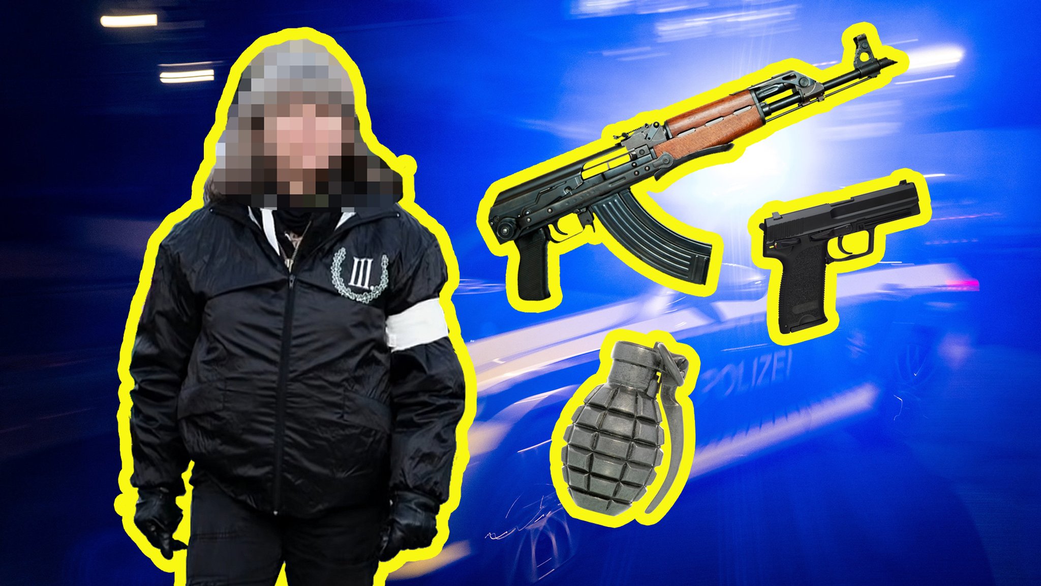 Symbolmontage: Die Neonazi-Aktivistin, Waffen und ein Polizeiauto. | Bild: Symbolmontage: Bilder: Jonas Miller; picture alliance/imageBROKER | Simon Belcher; picture alliance/imageBROKER|Markus Brunner; picture alliance/Westend61|Andreas Koschate; dpa-Bildfunk/Marijan Murat; Montage: BR Symbolmontage: Die Neonazi-Aktivistin, Waffen und ein Polizeiauto.